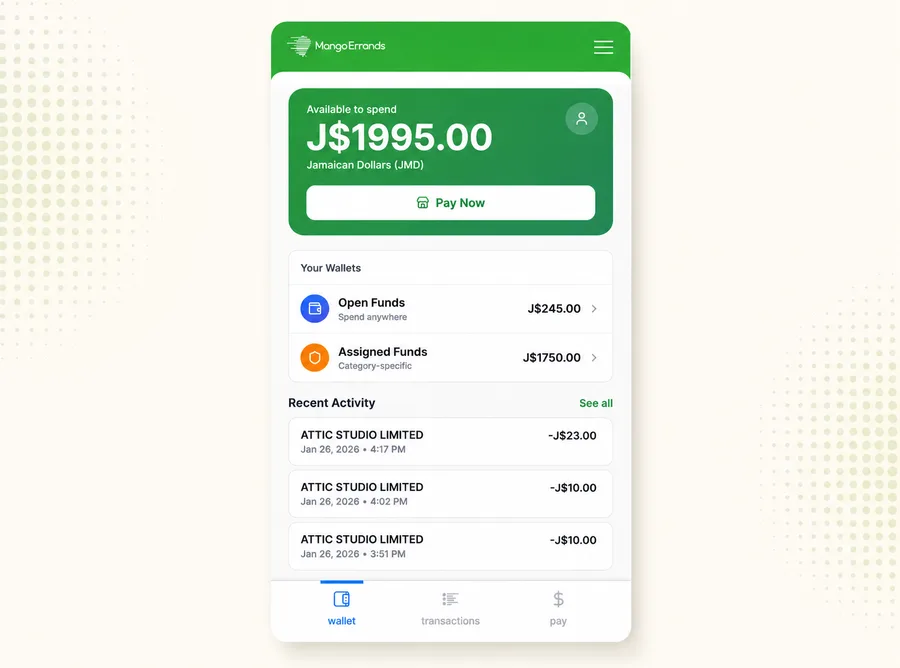 Receiver wallet dashboard showing fund types